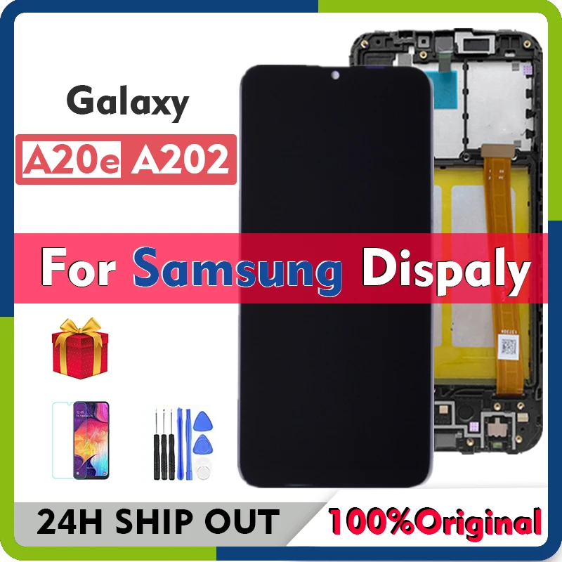 Pantalla LCD Original para SAMSUNG Galaxy A20e A202, montaje de digitalizador con pantalla t&aacute;ctil para Samsung SM-A202F A202K A20e, con marco-0