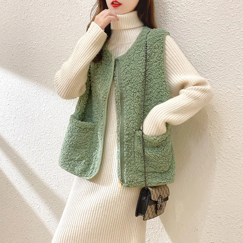 

Winter Fur Vest Women New Fashion Street Waistcoat Short Jackets Sleeveless Fall Thick Warm Lamb Velvet Jacket Lady Student