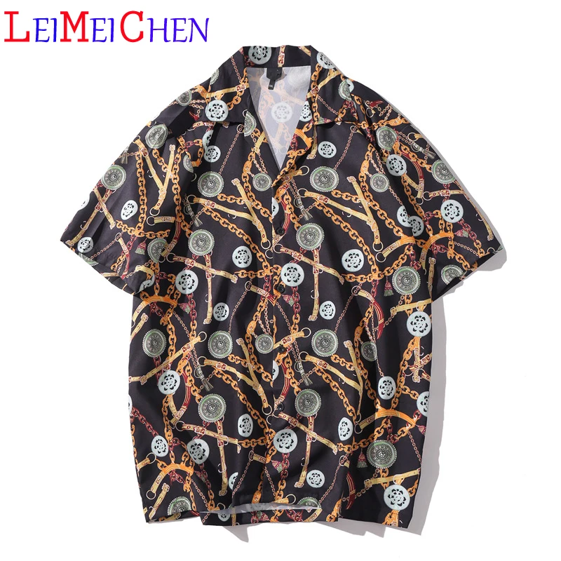 

Hip Hop Shirt Streetwear Men Hawaiian Shirt Retro Belt Chain Print Harajuku Beach Shirt HipHop Shirts Summer Short Sleeve