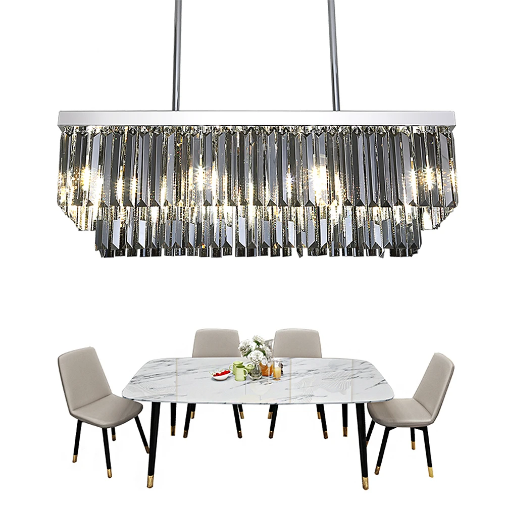 

Modern Smoky Crystal Chandelier Light LED Rectangular Chrome Frame Dining Table Hanging Lamp Art Deco Living Room Kitchen Island