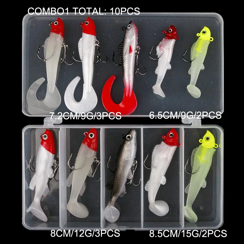 

10PCS/BOX Soft Fishing Bait T Tail Shad Lure Grub Worms Set
