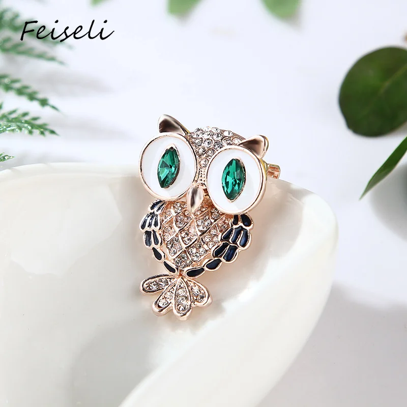 Feiseli Милая Эмаль Кристалл Стразы Сова Брошь для женщин свитер одежда воротник