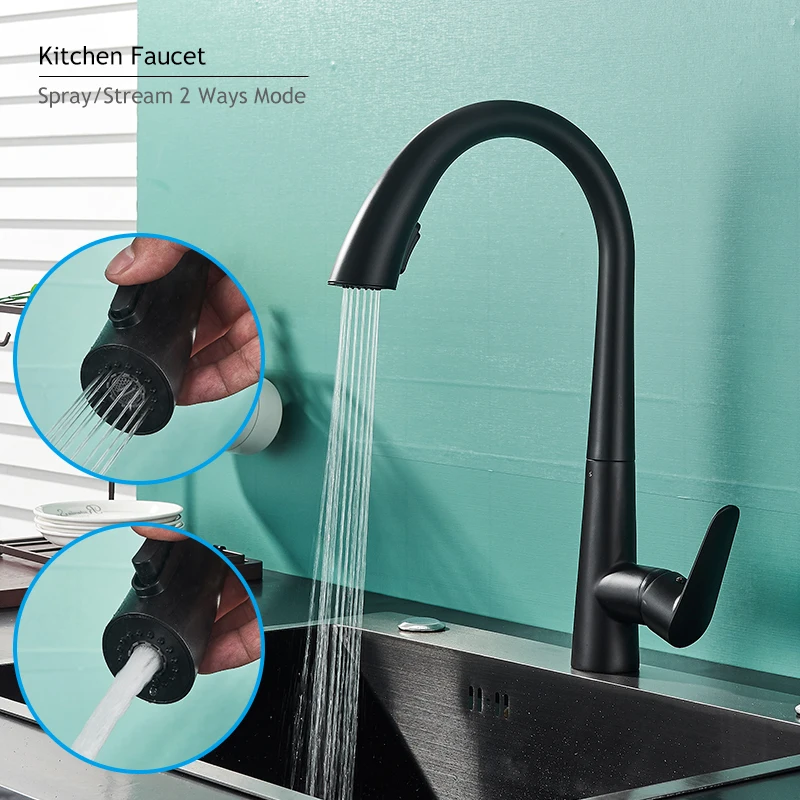 Матовый черный кухонный кран выдвижной режим распыления/потока фотографический
