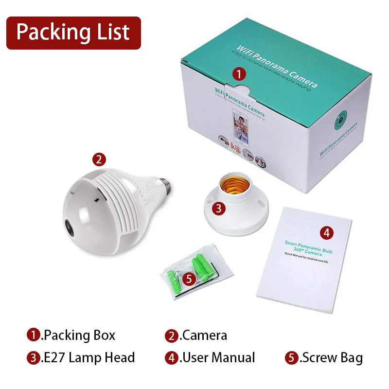 

EVKVO 360 Degree LED Light 1080P Wireless Panoramic Home Security Security WiFi CCTV Fisheye Bulb Lamp IP Camera Two Ways Audio