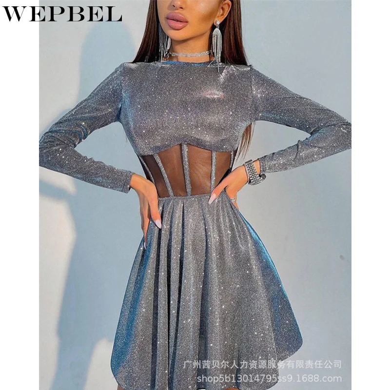 

WEPBEL Women's Elegant Autumn Mesh Hollow Out Shiny Pleated Dress Ladies Sexy Fashion High Waist Corset Party Evening Dress