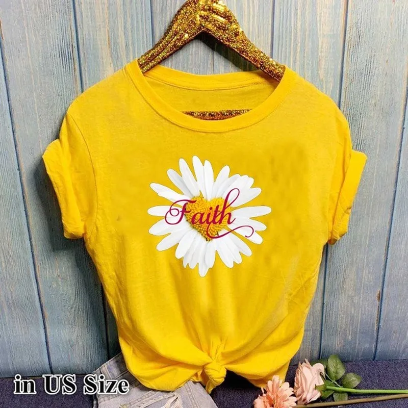 

Daisy Faith Letter Print T Shirt Women Short Sleeve O Neck Loose Tshirt Summer Women Tee Shirt Tops Camisetas Mujer