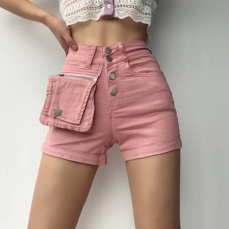 

2021 New Pink/blue/Khaki high waist Single-breasted zippers Denim Shorts Women Vintage Female Summer Sexy Shorts with bag