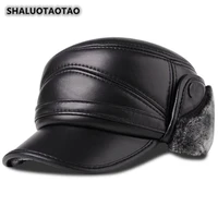 shaluotaotao mens flat cap genuine leather hat trend quality sheepskin military hats thicken thermal velvet earmuffs brand caps