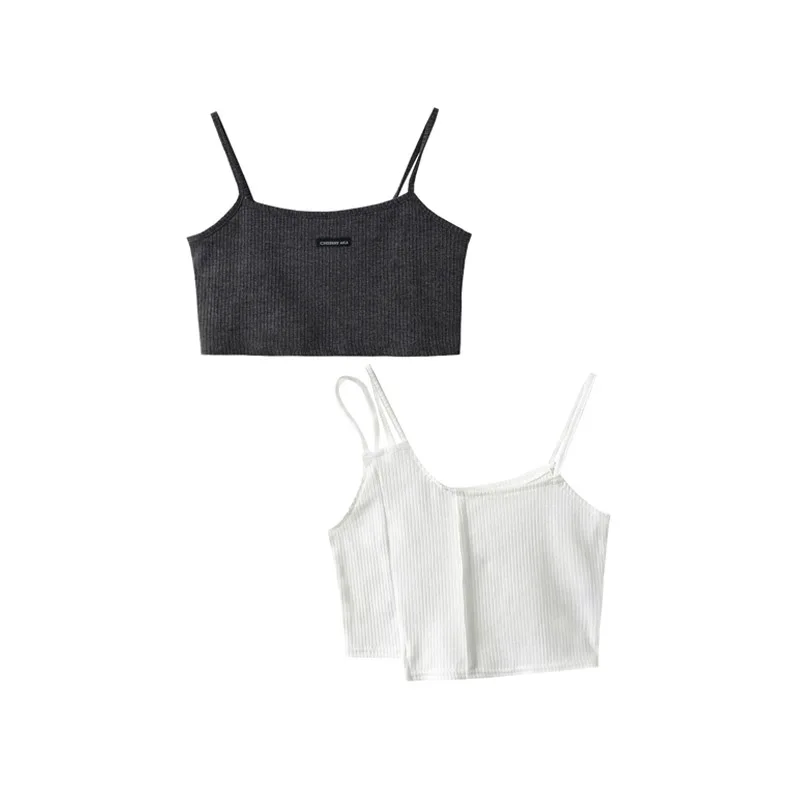 

Sexy Women Crop Top 2021 Summer Solid Applique Strap Tank Tops Cropped Feminino Ladies Elastic Retro Knit Sport Camisole 2PC