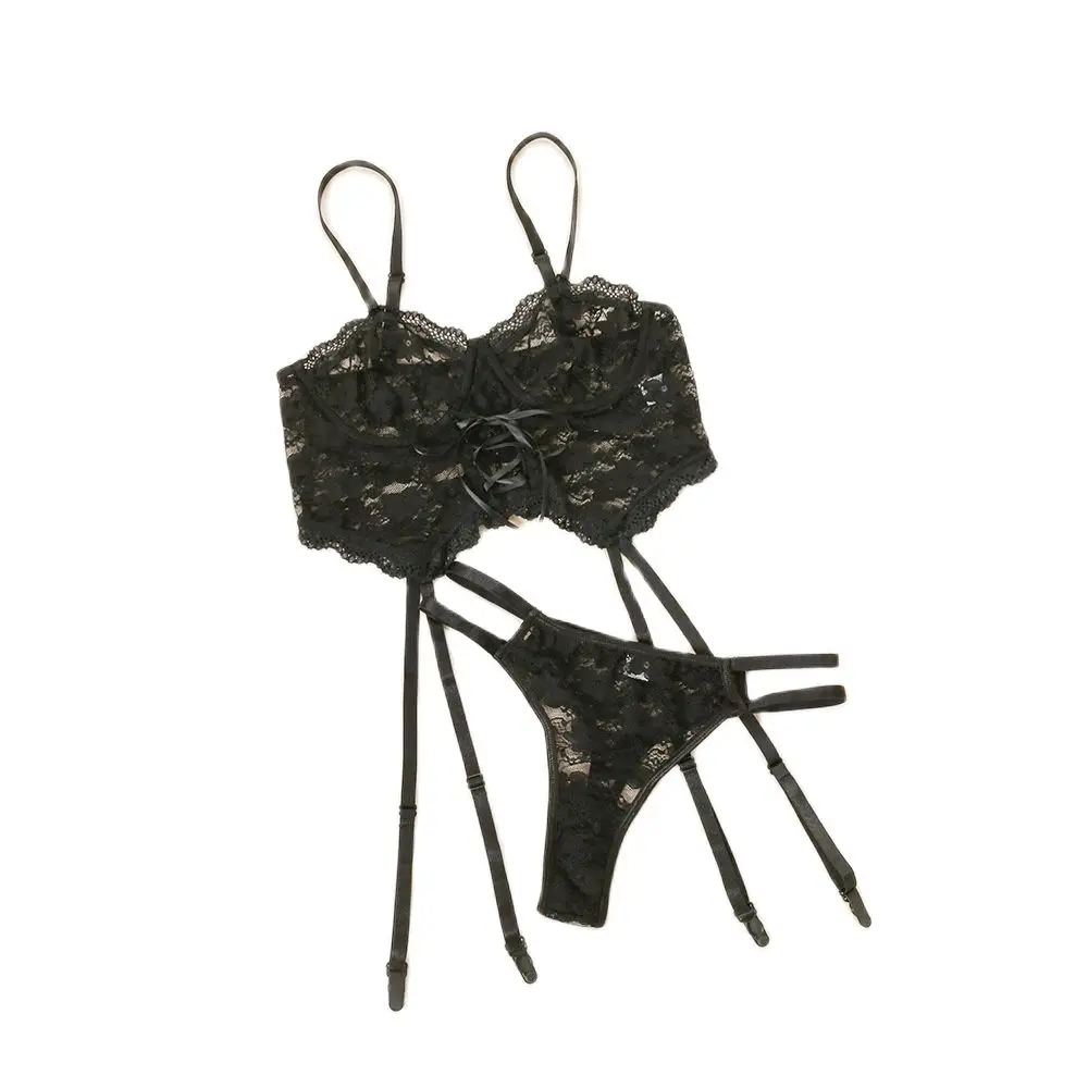 

2piece Bra Lingerie Set Women Lace Hallow Out Transparent Bra With Thong Set Ladies Sexy Underwear Lingerie Set