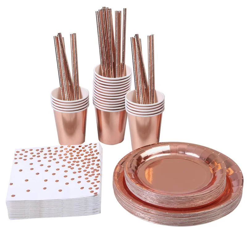 

Rose Gold Party Disposable Tableware Set Paper Cups Plates Straws Wedding Collection Set Party Tableware Birthday Party Supplies
