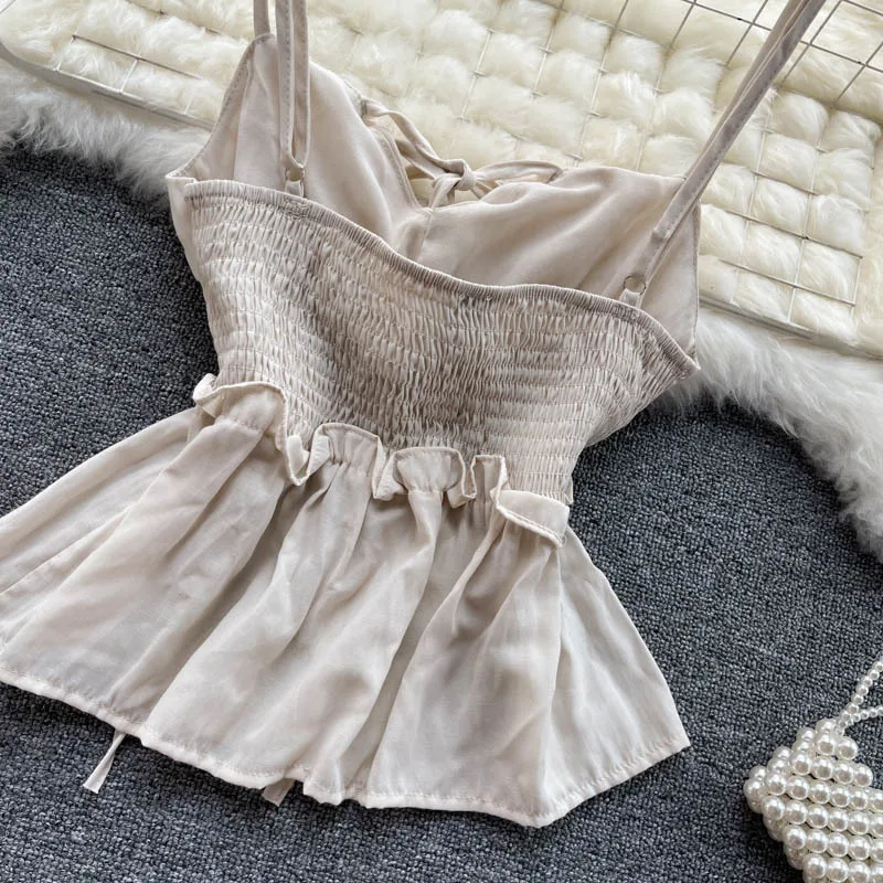 

Sexy Lace-up Cropped Camis Top Adjustable Spaghetti Strap Sleeveless Pleated Elastic Waist Fashion Streetwear Summer Chic Tops