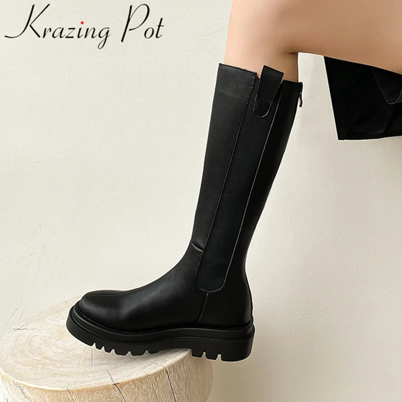 

Krazing Pot big size cow leather round toe high heels riding boots handsome dating streetwear elegant platform thigh high boots