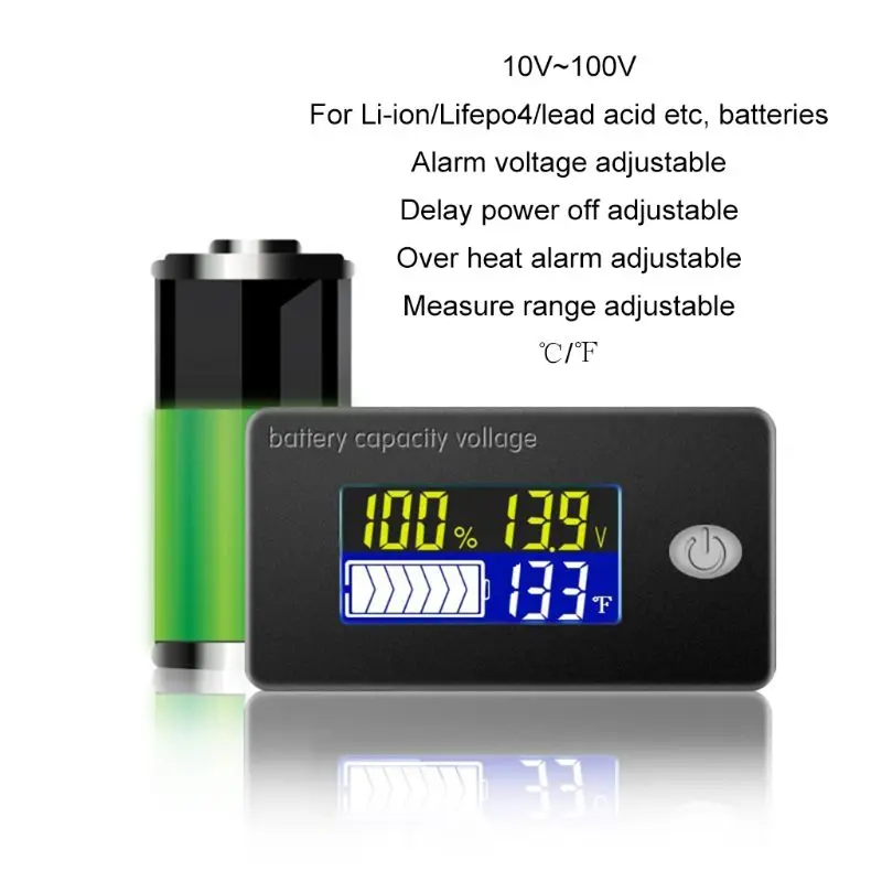 

Univerisal Battery Capacity Indicator 12V 24V 36V 48V 60V 72V 10-100V Li-ion Lifepo4 Lead acid Battery Monitor with temperature