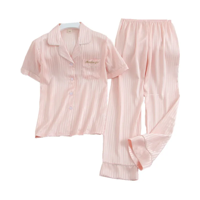 

Couple 2PCS Striped Pajamas Suit M-XXXL Letter Embroidery Turn-down Collar Shirt&Pant Home Wear Short Sleeve Satin Sleepwear