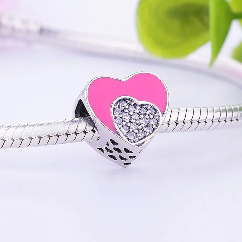 Настоящее серебро 925 пробы розовое эмалированное сердце циркон хрустальный