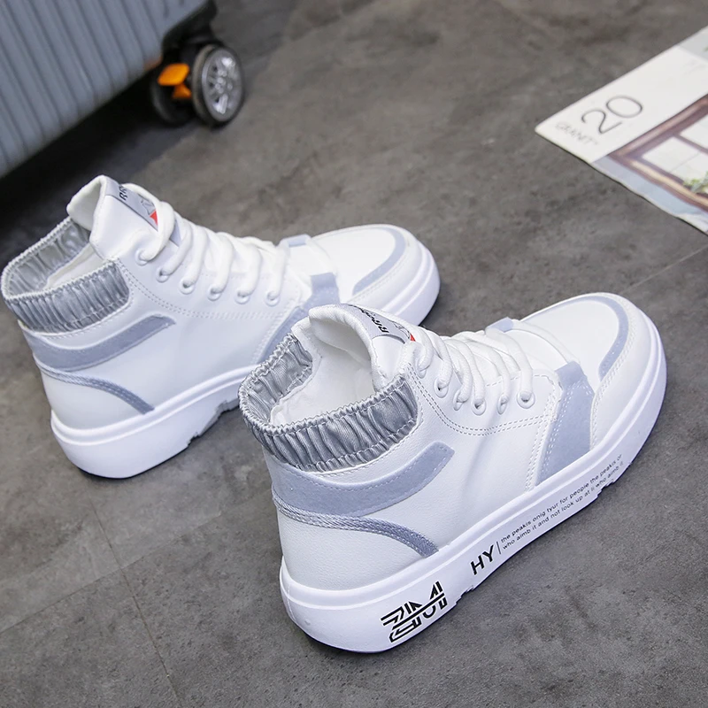 

2021 High Top Casual Shoes Women Autumn Vulcanized Shoes Flat Leather All-match Women's White Shoes PU Leather Sneakers