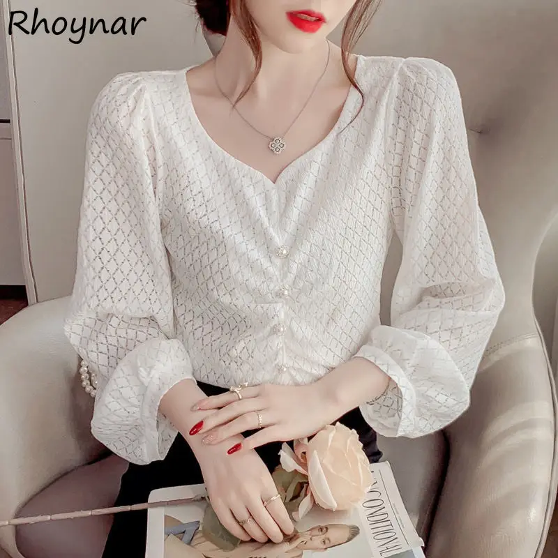 

Blouses Women Temperament Simple Solid V-neck Sexy Hollow Out Casual Spring All-match Mature Aesthetic Fairy Long Sleeve Tops