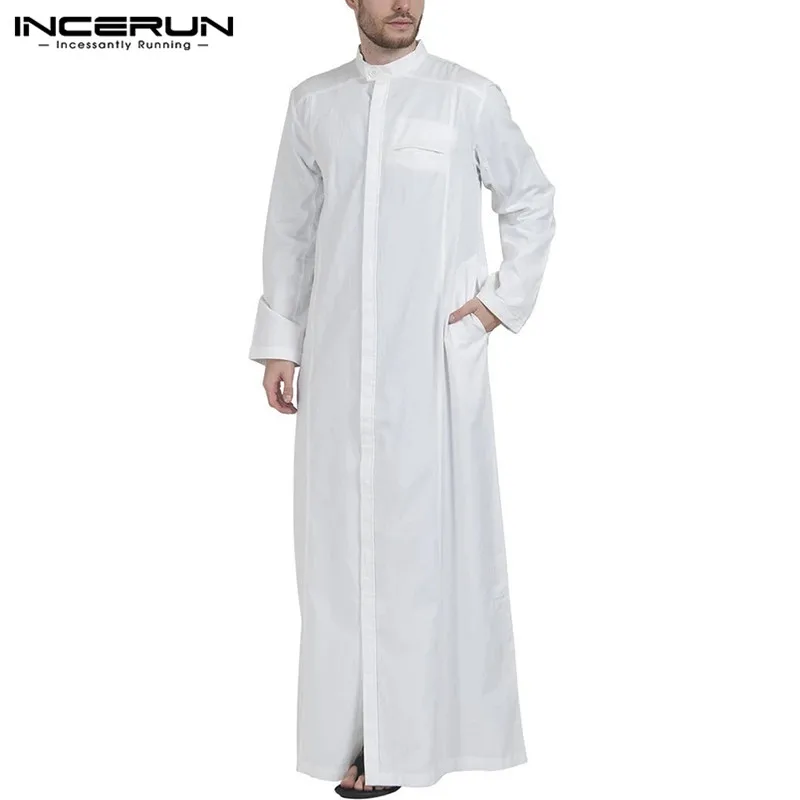 Мусульманская одежда INCERUN для мужчин однотонная Jubba Thobe с длинным рукавом