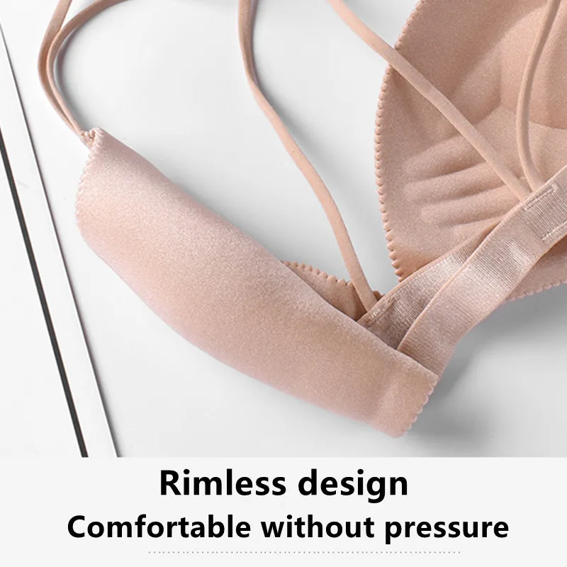 

No steel ring front button gathered seamless underwear beautiful back sexy off shoulder one piece thin shoulder belt bra