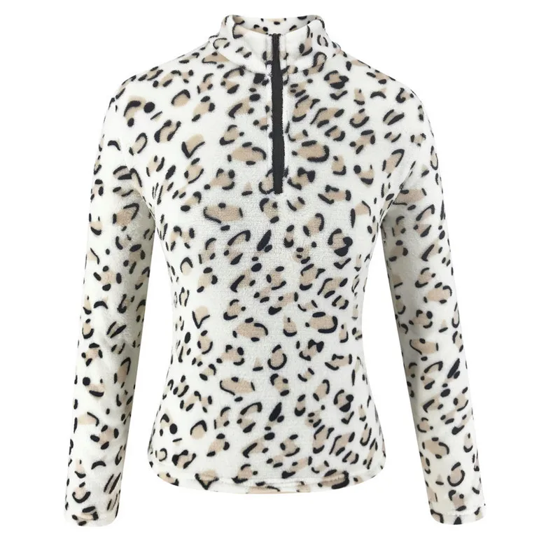 

Lady Soft Flannel Casual Zipper Sweatshirts Autumn Winter Plush Leopard Printed Hoodies Women Long Sleeve Stand Collar Pullovers