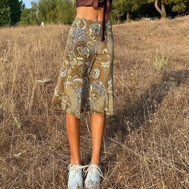 

Spring Women Vintage Cloth Patchwork Floral Print Knee-Length Faldas Mujer Female High Waist Holiday Beach Skirts Vestidos