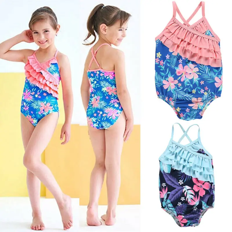 Летний купальный костюм с оборками и цветочным рисунком для маленьких девочек