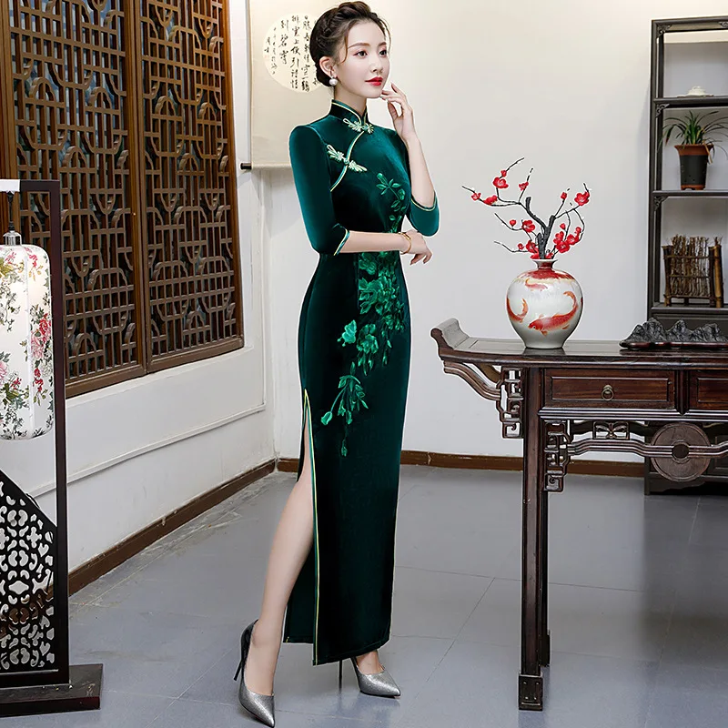 Зеленое велюровое женское платье с вышивкой Cheongsam тонкие вечерние платья