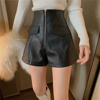 2021 spring and winter new zipper high waist pants loose wide leg pants retro slim casual pants leather shorts womens clothing