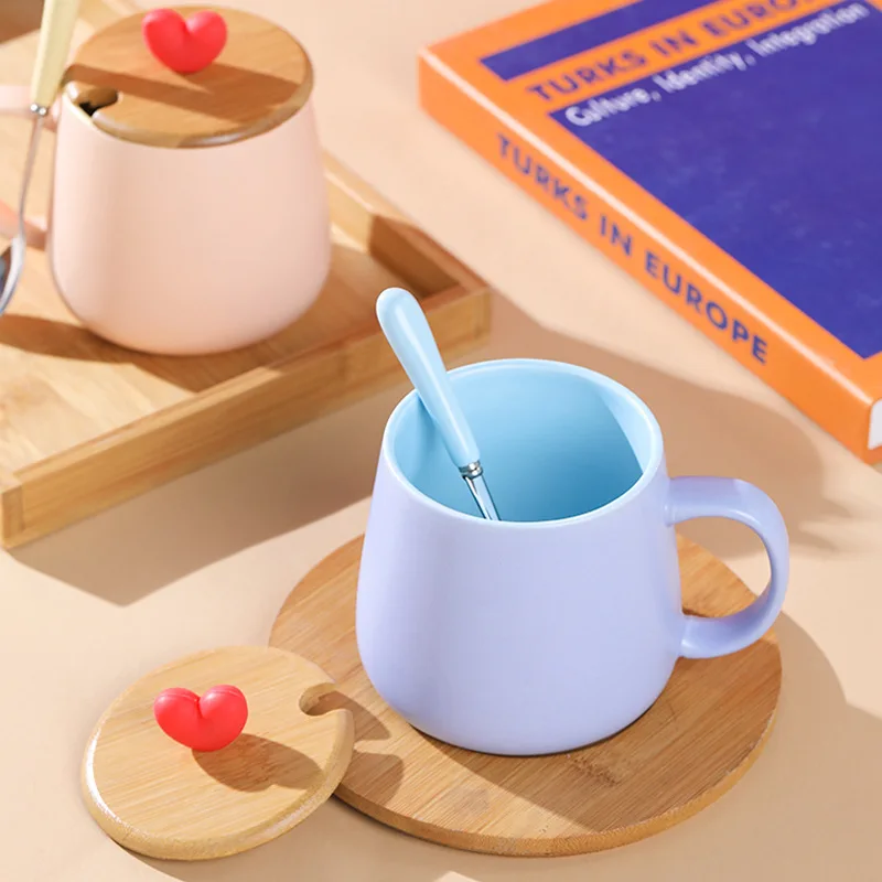 

Creative Mug Simple Ceramic Household Office Water Cup With Lid And Spoon Macaron Color Couple Breakfast Coffee Milk Cup