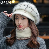 knitted hats for women winter plaid rabbit hair hat scarf sets female berets warm winter caps with brim skullies gorras bonnet