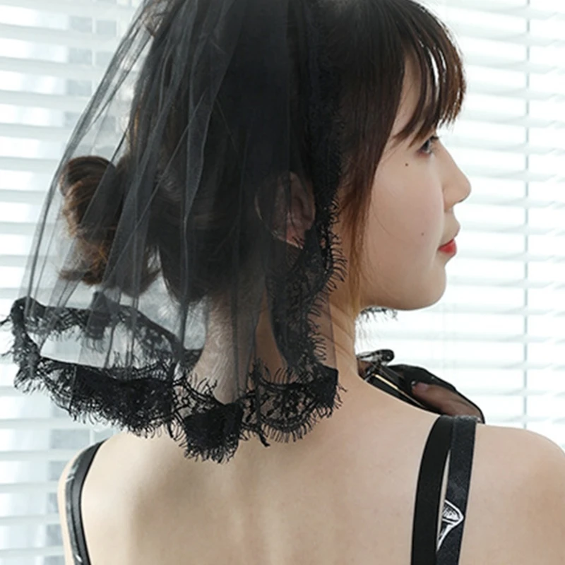 

41XC Wedding Veil 1 Tier Lace Edge with Plastic Comb Black Short Bridal Sheer Veil