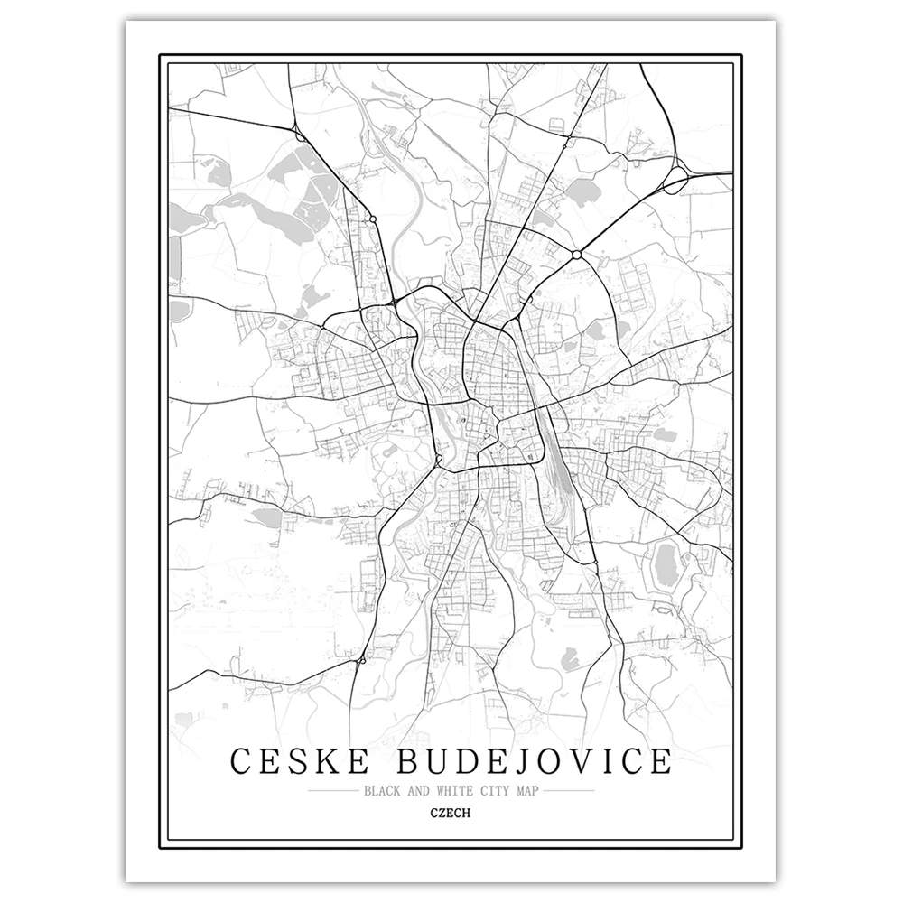Ceske Budejovice Чешский черный белый мир Карта города плакат скандинавский гостиной Праги vsetin Pisek настенные художественные картины Домашний декор холст живопись - Цвет: Ceske Budejovice