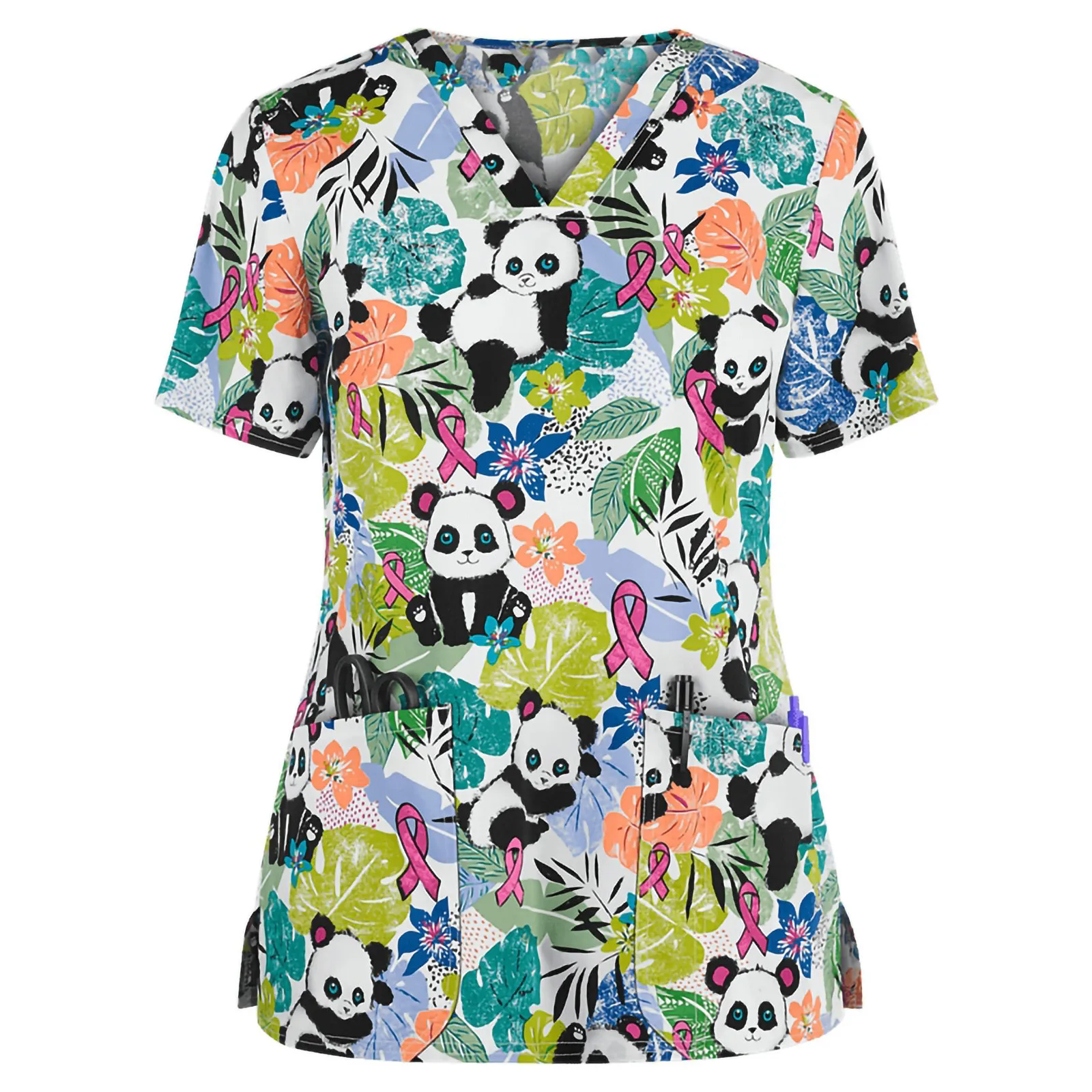 Women's loose casual top womens fashion clothing Women Short Sleeve V-neck Tops Working Uniform Cartoon Print Blouse 여성 의류 |