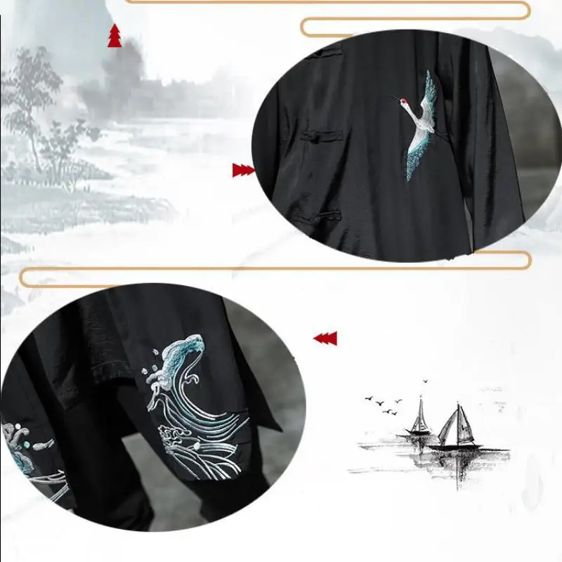 

Plus Size Men Trench Coat Loose Outwear Long New Chinese Type Casual Loose Flying Crane Embroried Long Jacket Men Clothes XXXXXL