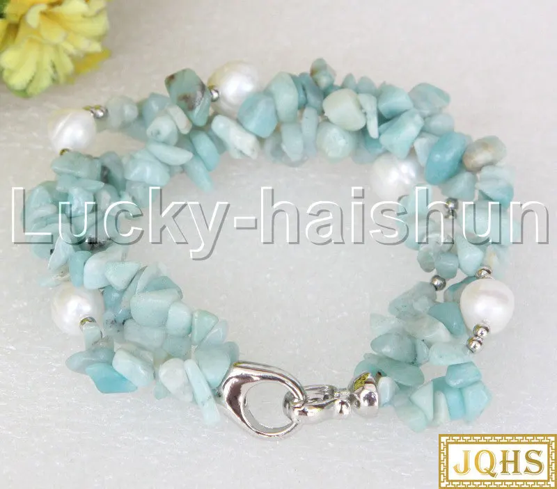 

JQHS natural Baroque aquamarines round white freshwater pearls Beaded Strand bracelet 8" j11848