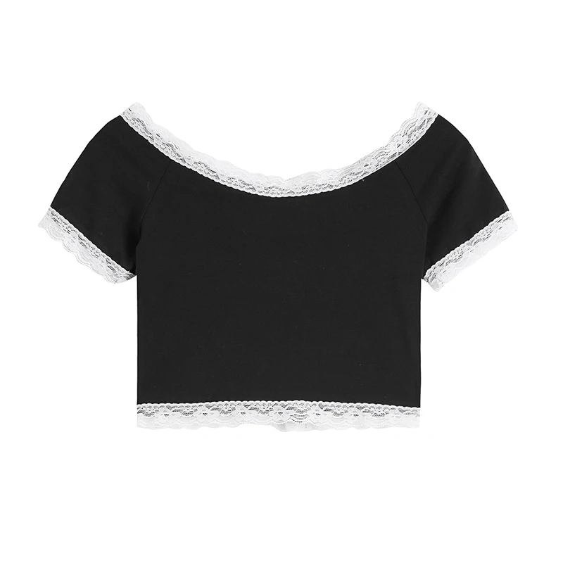 Women Short Sleeve T-Shirts Lace-up Patchwork Trendy Sweet Lovely Crop Top Sexy Females Leisure Chic Teens Basic Clothing Summer