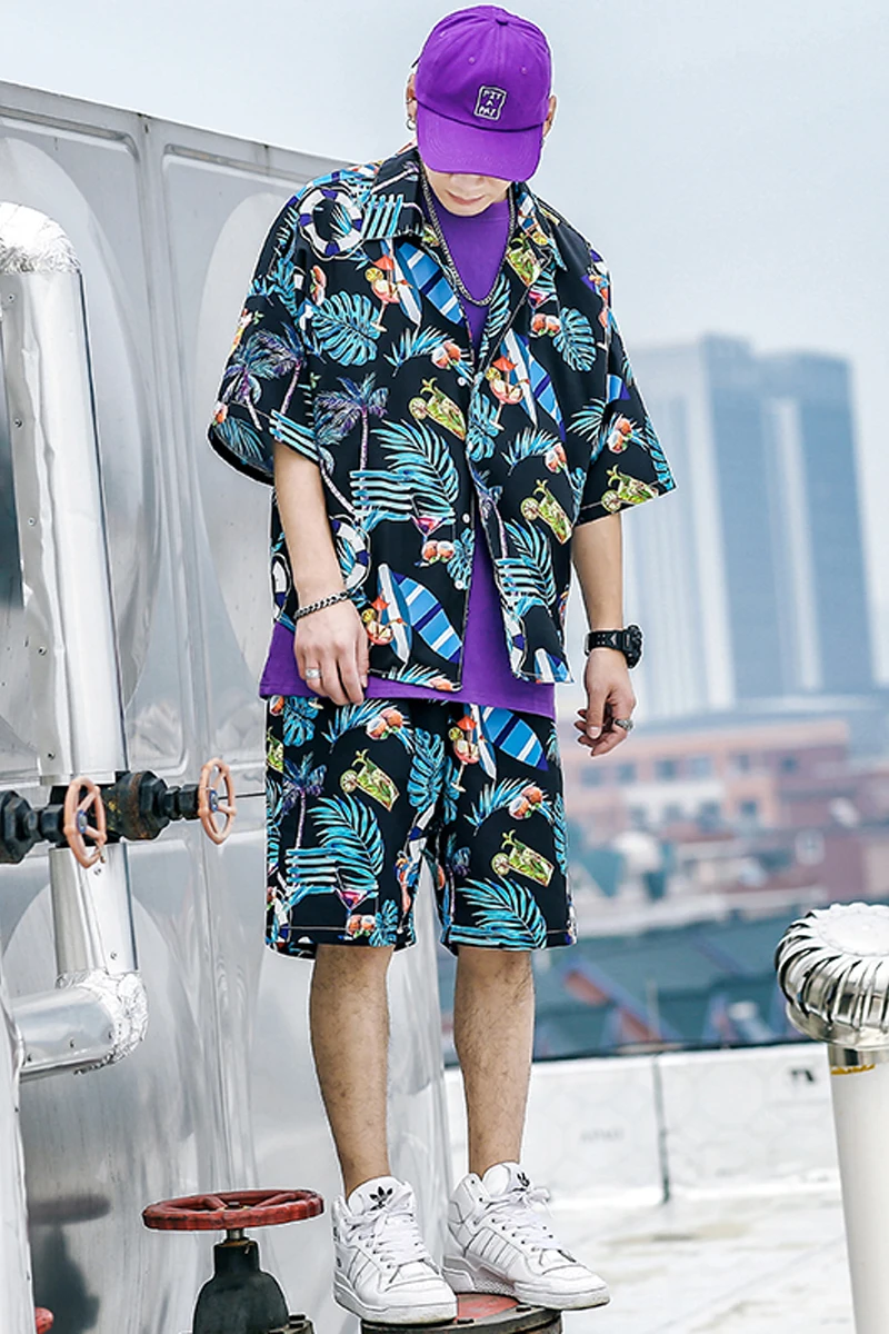 

2019 (shirts+shorts) Summer Men Flower Printing Short Sleeve Beach Shirt Shorts Suit Sets Short Tracksuit Men 18 Color Clothes