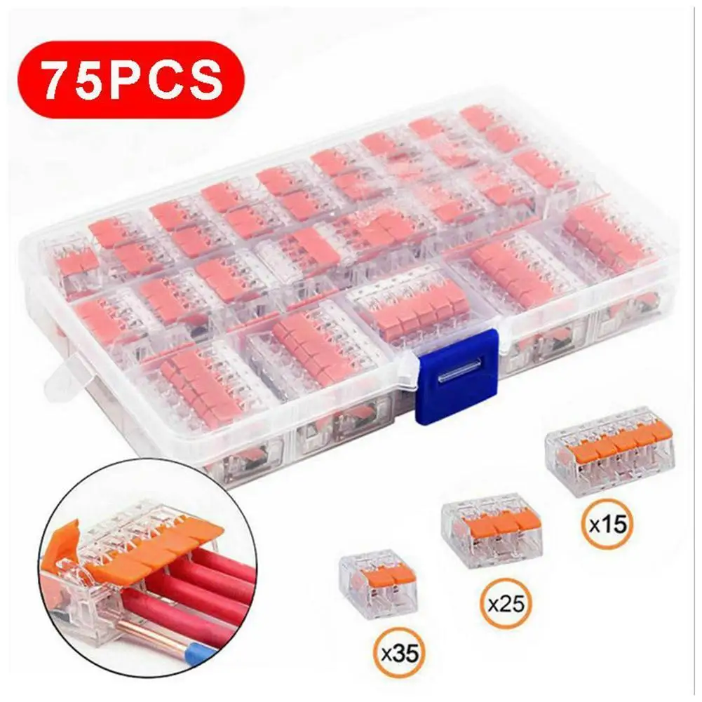 

Hot 75Pc/Box For Wago 221 Electrical Connectors Wire Cable Reusable Mini Home Connector Wire Quick Clamp Terminal Terminal H4V3