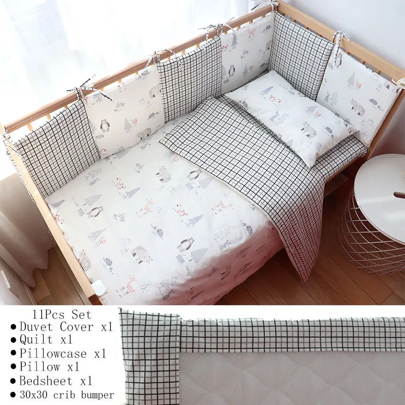 Baby Bedding Set For Boy Girl Nordic Cotton Baby Bed Linen For Newborns Kids Crib Bedding With Bumper Cot Kit Allow Custom Size - Цвет: ForestBear11Pcs Flat