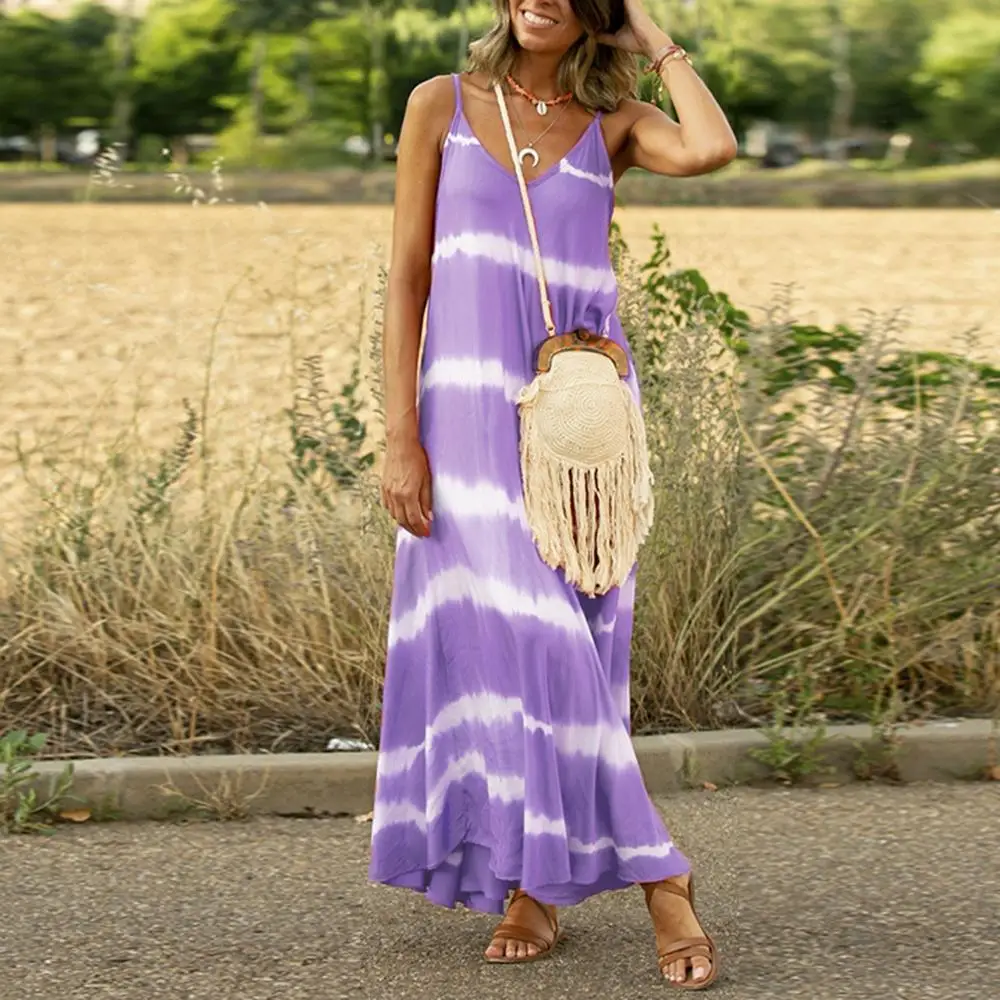 

Vintage Stripe Print Dress Sexy Spaghetti Strap V Neck Long Dress Women Summer Big Swing Tie dye Beach Dresses Plus Size 5XL