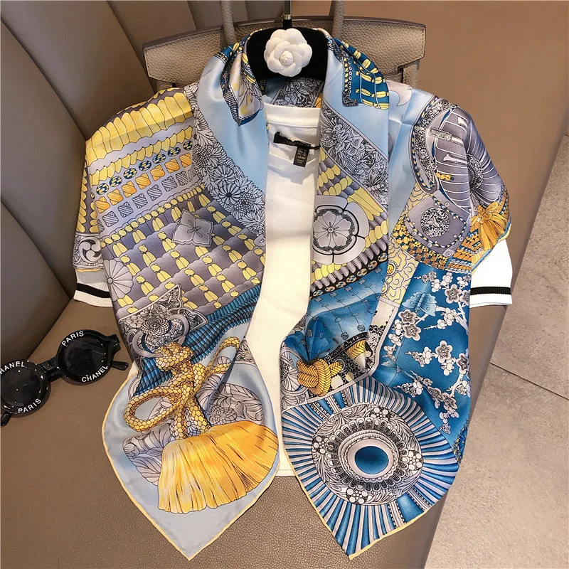 

Luxury 100% Twill Silk Scarf For Women Square Shawls and Wraps Hand Rolled Neck Scarfs Female 90*90cm Printed Scarves For Ladies