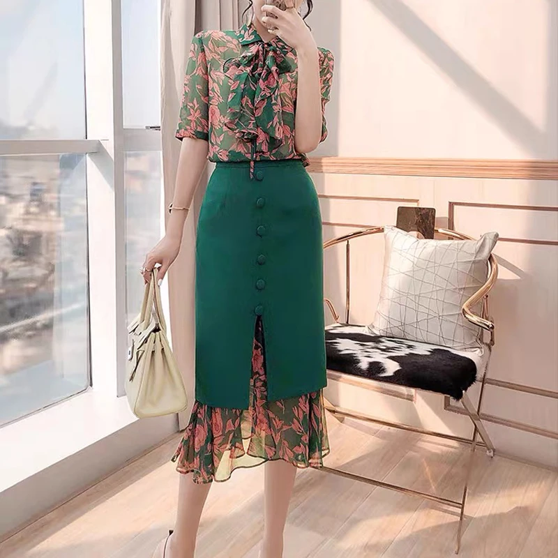 QUALITY Newest HIGH 2021 Fashion Designer Suit Sets Women's Vintage Bow Print Blouse And Color Green Patchwork Mermaid Skirt Set