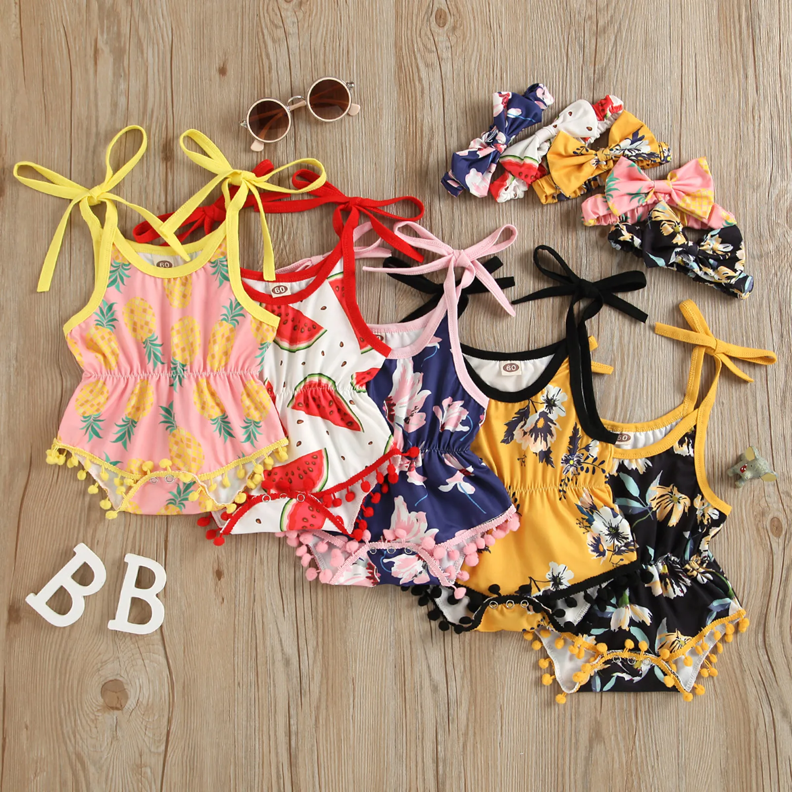 

Baby Girls Jumpsuits Floral Tassels Cartoon Pineapple Print Suspender Strap Vest Romper Bowknot Headband Bodysuit 0-18m 2021