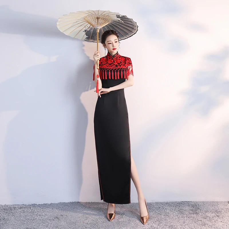 Черные женские вечерние платья в пол вечернее Ципао китайском стиле с кисточками