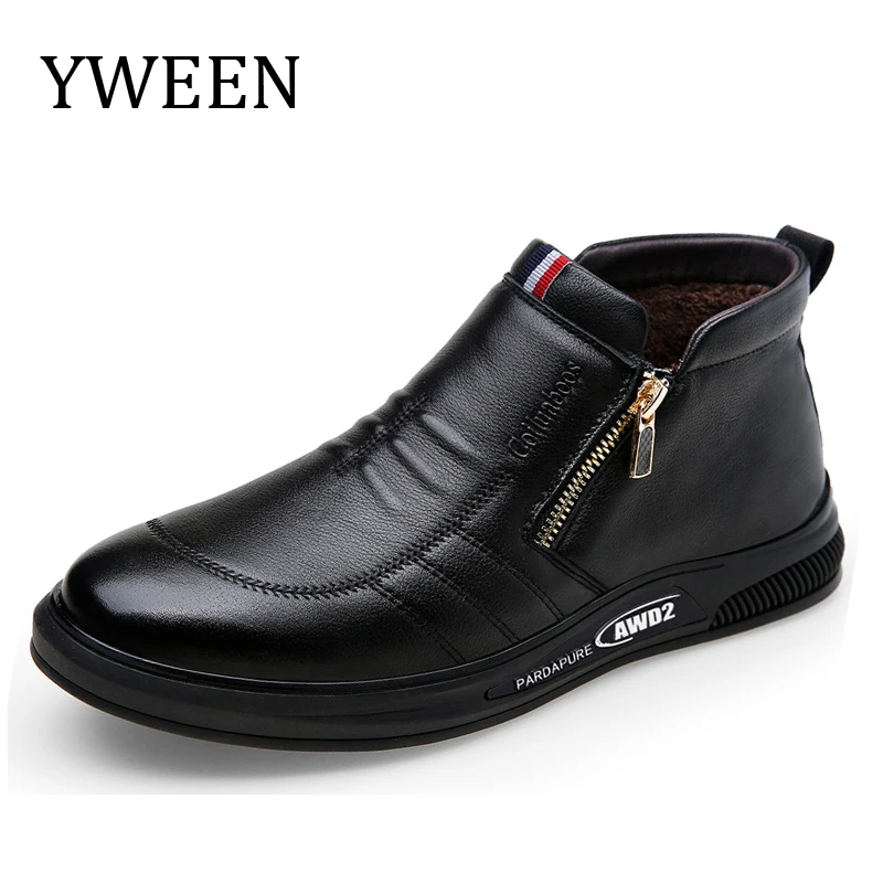 

YWEEN Men Leather Boots Winter Faux Wool Keep Warm Waterproof Non-slip Casual Short Snow Boots Cotton Shoes For Men