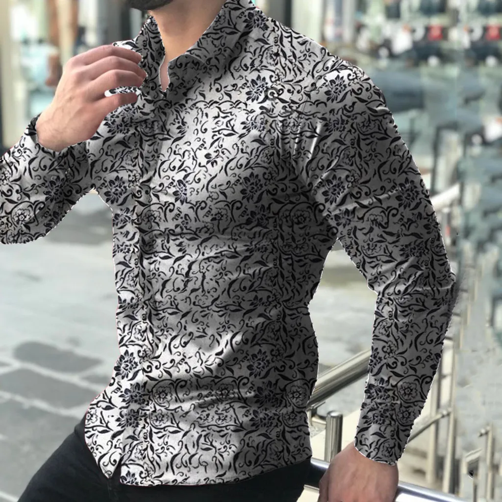 Модная мужская Повседневная рубашка с цветочным принтом и длинными рукавами