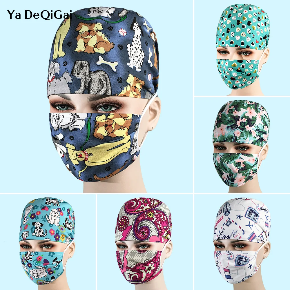 

High quality scrubs caps Women Pet grooming work Hats cotton Caps wholesale unisex cartoon printing hats beautician accessories