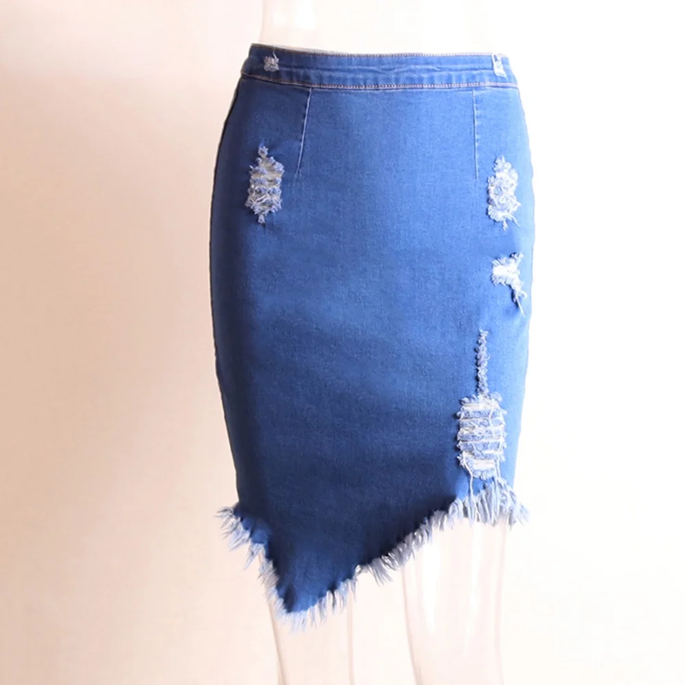 

Asymmetric Hole Denim Midi Skirt With Tassel Streetwear High Waist Wash Distressed For Women Bodycon Ripped Jeans Skirt
