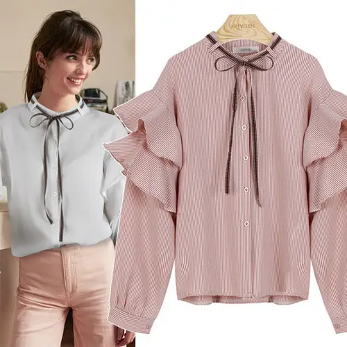 Женская Осенняя блузка с длинным рукавом бантом и рюшами женские осенние Топы